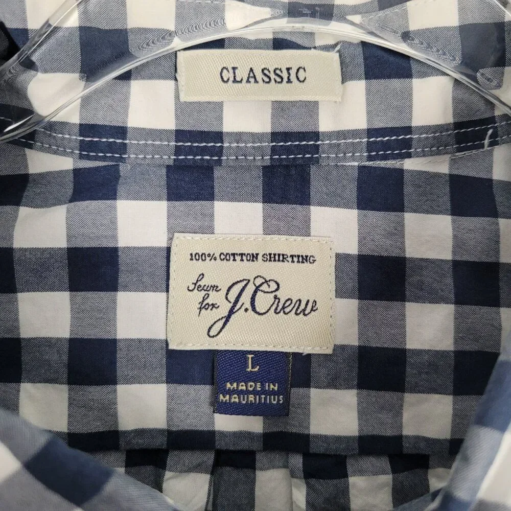 J. Crew Button Down Shirt Short Sleeve Classic Cotton Gingham Blue White Size L